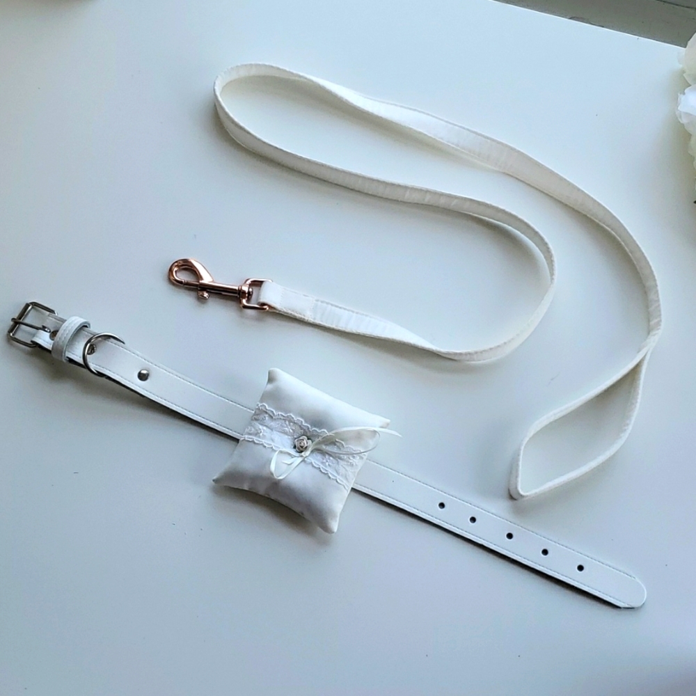 Dog ring bearer wedding collar and white leash